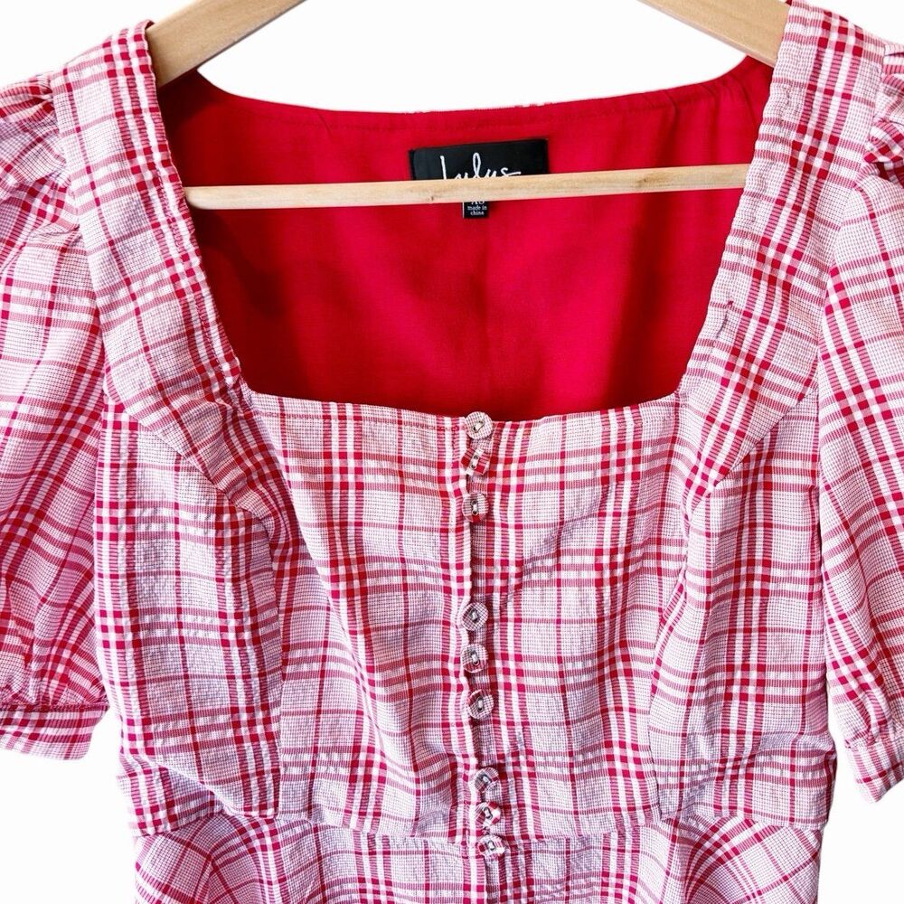 Lulus Red Plaid Peplum Top XS Cottagecore Puff Sleeve Milkmaid Coquette Blouse - Picture 3 of 11